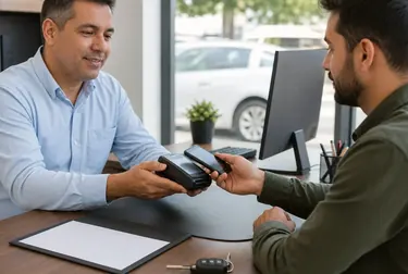 Despachante auxiliando cliente no pagamento de débitos de veículo.