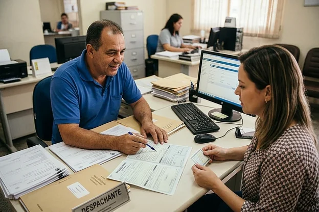 Despachante explicando o processo de transferência de veículo para cliente em Conselheiro Lafaiete.